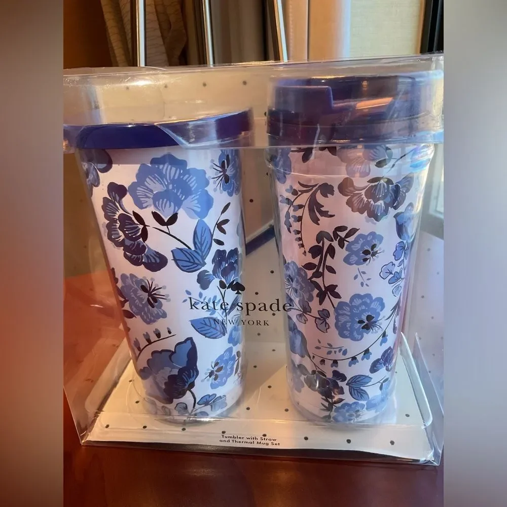 Kate Spade Peacock Floral Tumbler‎ w/Straw & Thermal Mug
